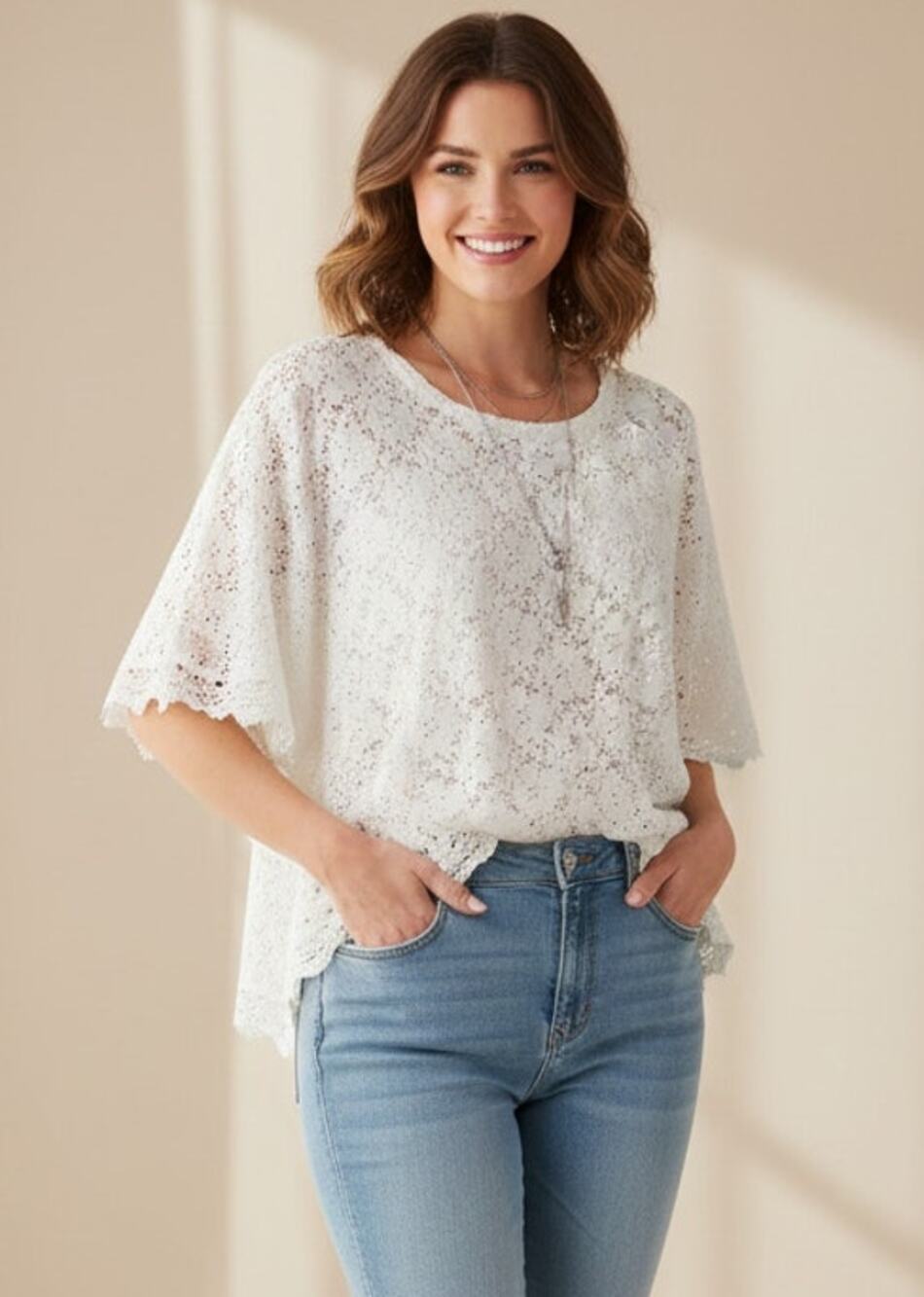 Passion Concept Women Medium White Lace Flowy Cottagecore Bohemian Poncho Top